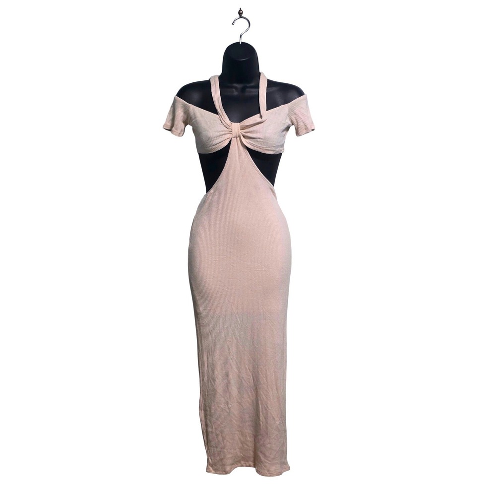 Amable Cream Ribbed Knit Cutout Maxi Dress Off Shoulder Halter Knotted Bodycon M